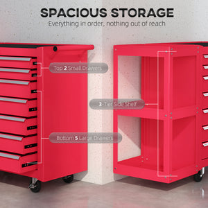 Mobile steel tool chest with 7 lockable drawers and side shelf, red