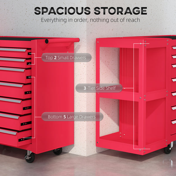Mobile steel tool chest with 7 lockable drawers and side shelf, red