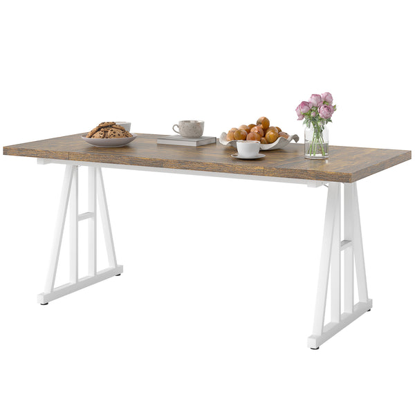 Farmhouse style kitchen table for 8 people, rectangular with thick top and steel trestle legs, brown and white