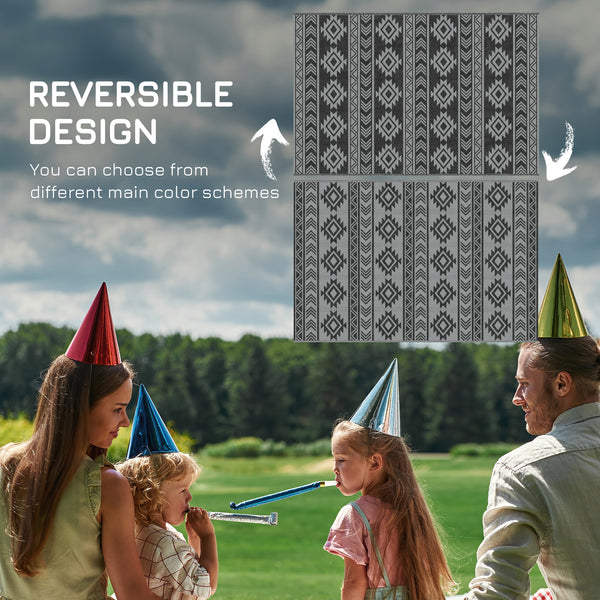 Reversible Outdoor Patio Rug, 6' x 9' Plastic Straw Mat for Garden, Patio, Beach, Camping, Black and Gray