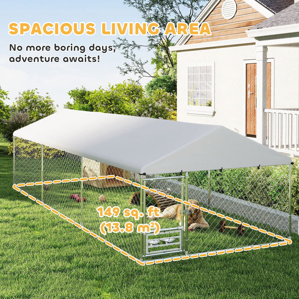 Outdoor Dog Run w/ Adjustable & Rotating Bowls, Water-Resistant UV-Resistant Cover, Secure Lock, 19.7' x 7.5' x 5.2'