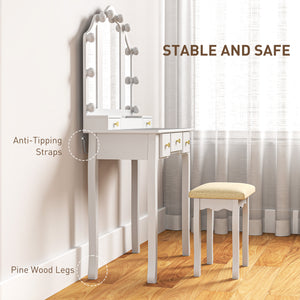 Dressing table with stool, 10 LED lights, 5 drawers and 3 compartments, white