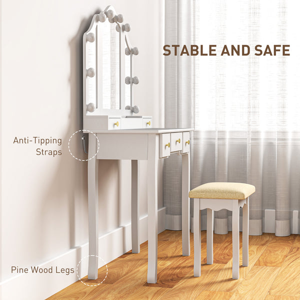 Dressing table with stool, 10 LED lights, 5 drawers and 3 compartments, white