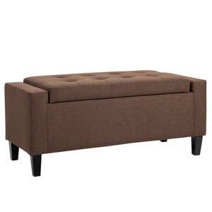 Linen upholstered storage bench with tufted pattern, brown