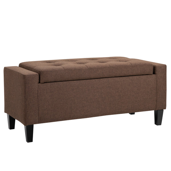 Linen upholstered storage bench with tufted pattern, brown