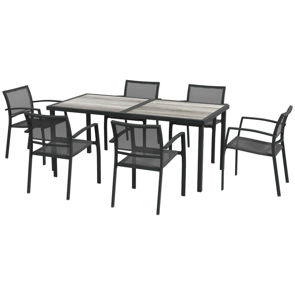 7 Piece Outdoor Dining Set with 6 Stackable Chairs, Patio Table and Chairs with Plastic Top and Breathable Mesh Backrest