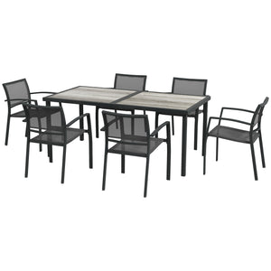 7 Piece Outdoor Dining Set with 6 Stackable Chairs, Patio Table and Chairs with Plastic Top and Breathable Mesh Backrest