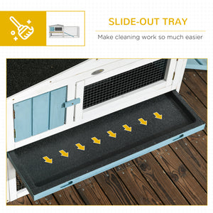 Wooden hutch with removable tray, opening roof, waterer, and run, blue