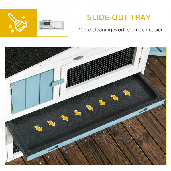 Wooden hutch with removable tray, opening roof, waterer, and run, blue