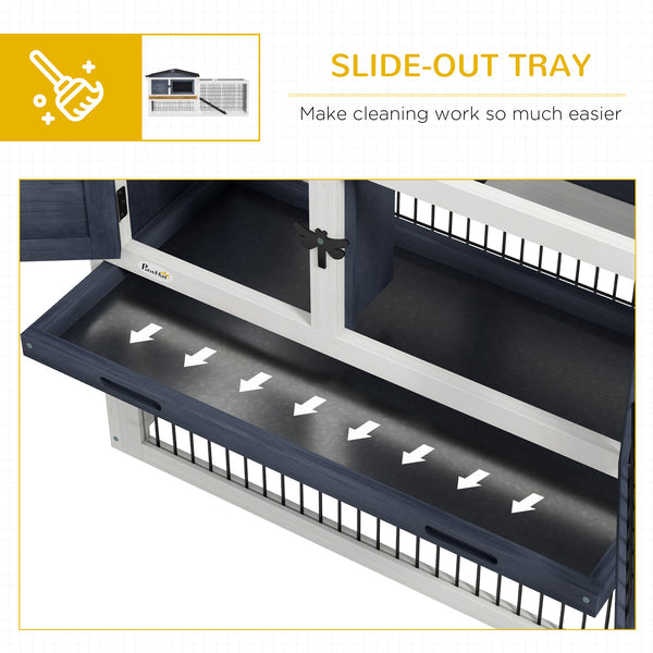 Dark grey wooden hutch with ramp, opening roof and pull-out tray