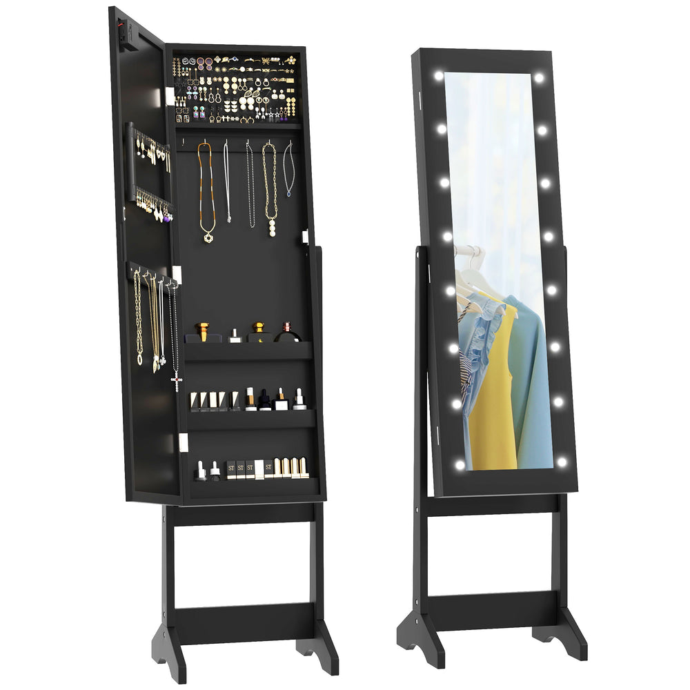 Freestanding Lighted Jewelry Cabinet with Mirror, Adjustable Angle, and 16 LED Lights, Black