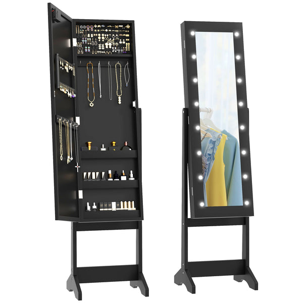HOMCOM Freestanding Armoire Jewelry Cabinet Lighted Mirror Angle Adjustable 16 LED Lights Black |