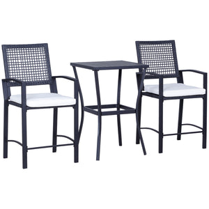 3 Piece Outdoor Wicker Bar Set, Rattan Style Bar Table and High Chairs with Cushions, Cream White