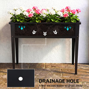 Raised garden bed with reinforced corners, metal on legs with drainage hole, black