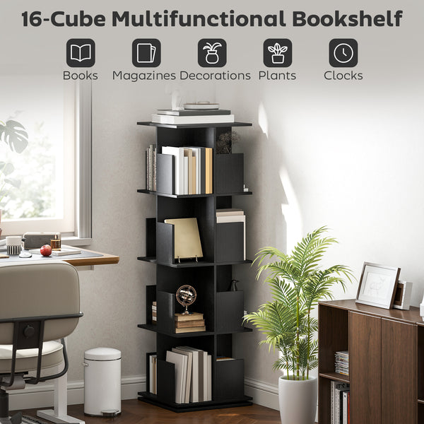 4-Tier 360° Rotating Bookcase with 16 Compartments, Black Wood Grain