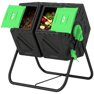 Rotating double-chamber composter with 24 vents and steel legs, green