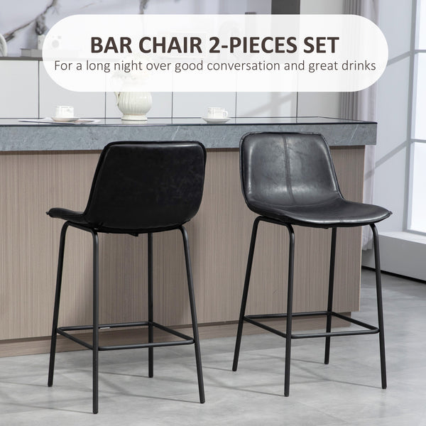 Set of 2 padded bar stools with steel legs, black