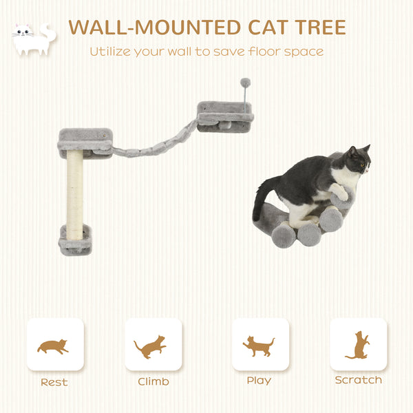 Wall-mounted cat shelf with scratching post, flexible ladder and play ball, grey 