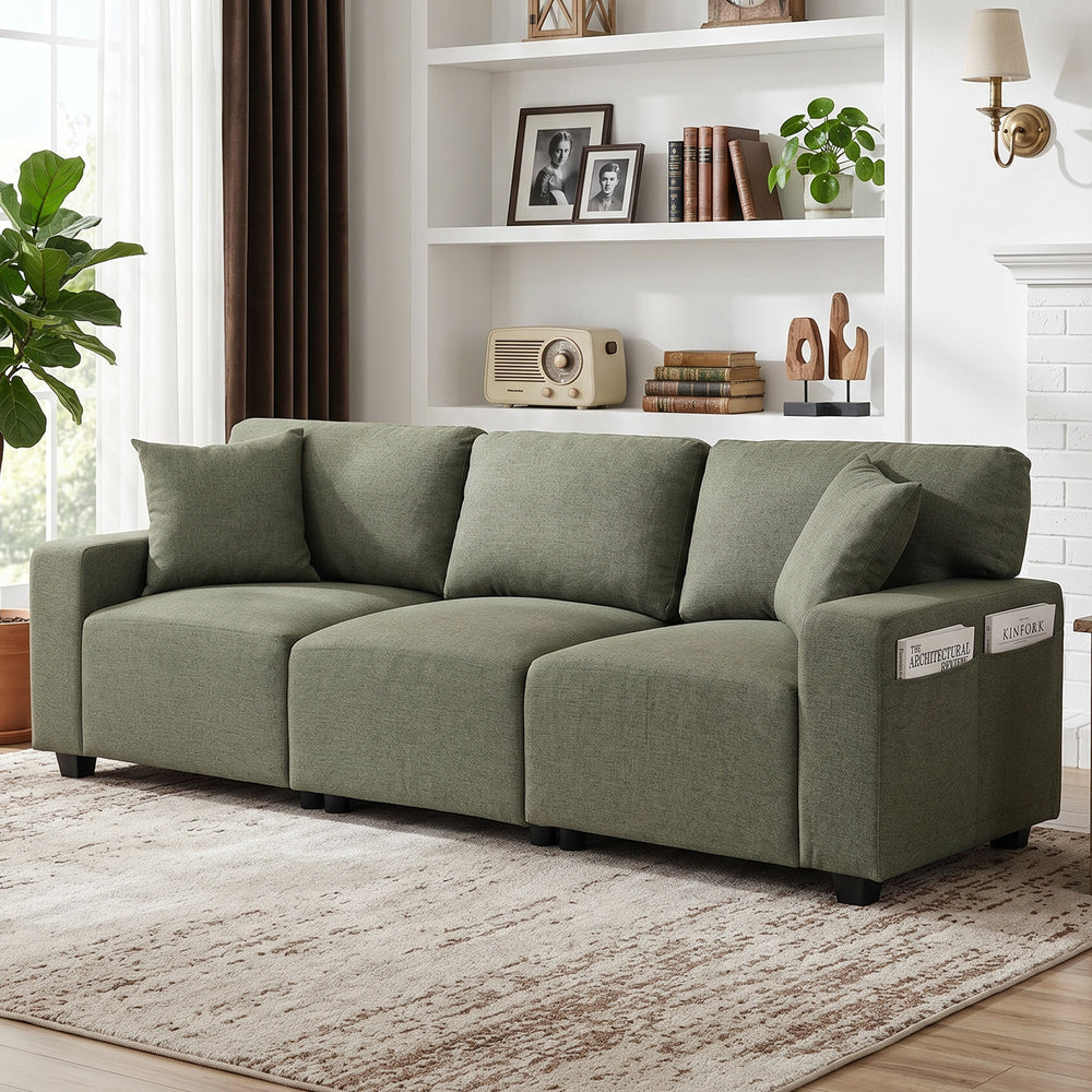 3-seater sofa with storage pockets, modern upholstered with pocket springs, green