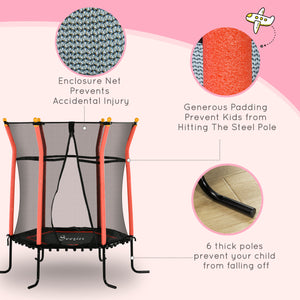 64" Kids Trampoline, Indoor/Outdoor, with Enclosure Net, Thick Padded Elastic Pole, Gift for 3-10 Year Olds, Red 