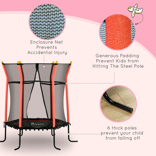 64" Kids Trampoline, Indoor/Outdoor, with Enclosure Net, Thick Padded Elastic Pole, Gift for 3-10 Year Olds, Red 