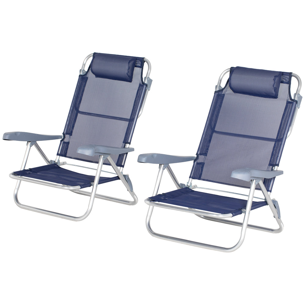 Set of 2 beach chairs, camping chairs with adjustable backrest and headrest, dark blue