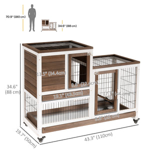 Wooden hutch with wheels, removable trays and run, brown
