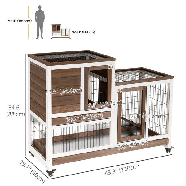 Wooden hutch with wheels, removable trays and run, brown