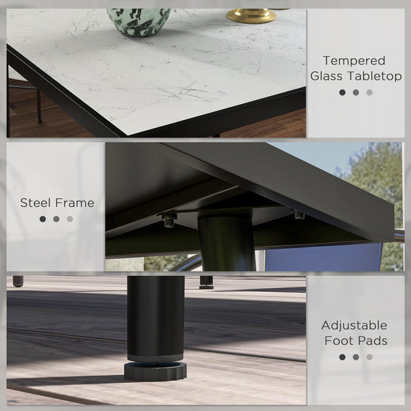 Outdoor dining table with tempered glass top with marble effect, white
