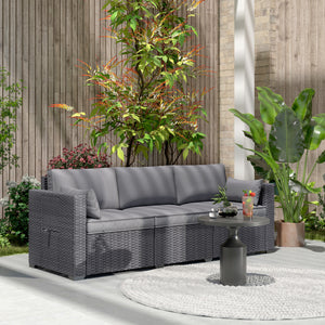 3-seater garden sofa in woven resin with side tables, grey