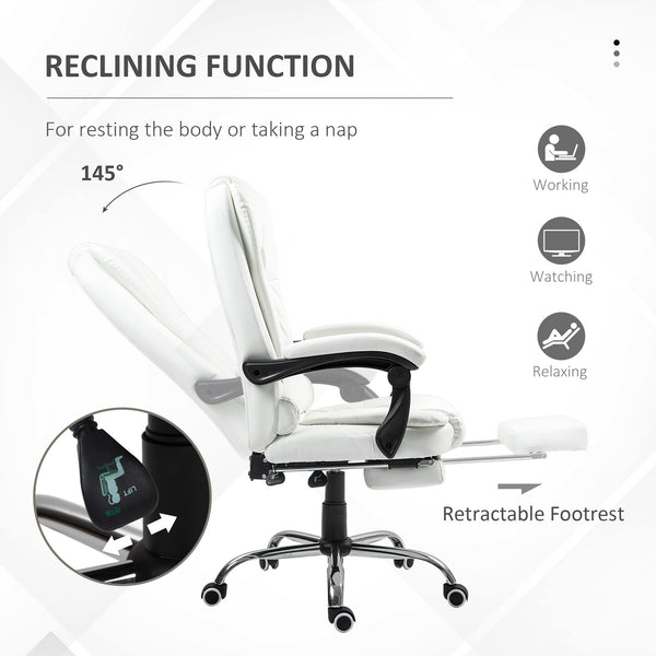High-back office chair in synthetic leather with retractable footrest, white