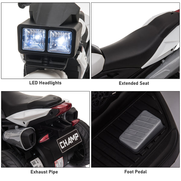 6V electric motorcycle with musical horn and headlights, white