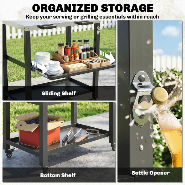 Outdoor kitchen trolley with stainless steel top, 2 shelves with lockable wheels