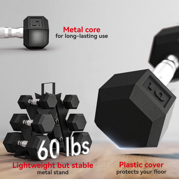 60 lb Hex Dumbbell Set with Rack, Non-Slip Handles