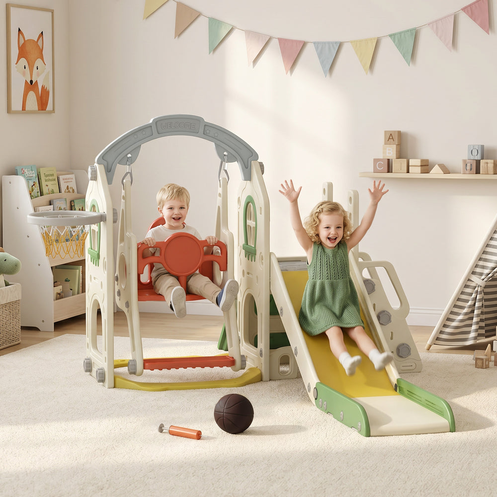 6-in-1 play set with slide and swing, ages 1 to 5