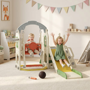 6-in-1 play set with slide and swing, ages 1 to 5