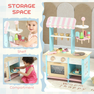 Children's wooden ice cream shop with pretend food and oven, ages 3 and up.