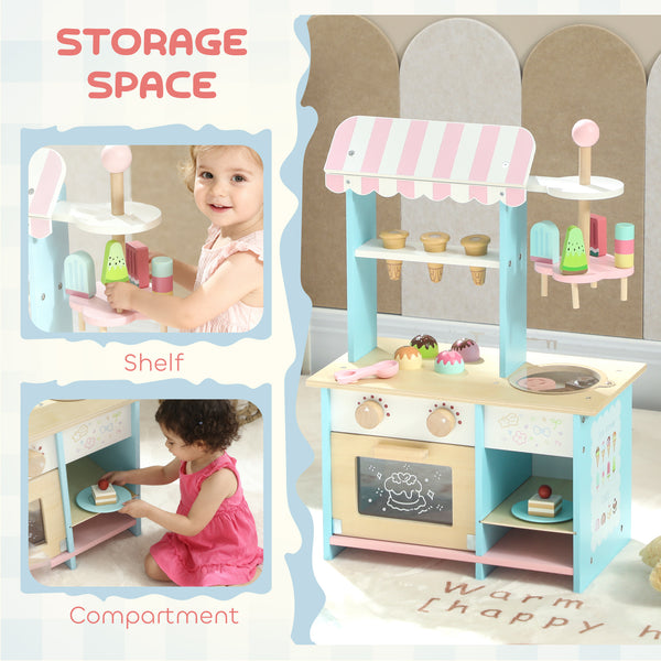 Children's wooden ice cream shop with pretend food and oven, ages 3 and up.