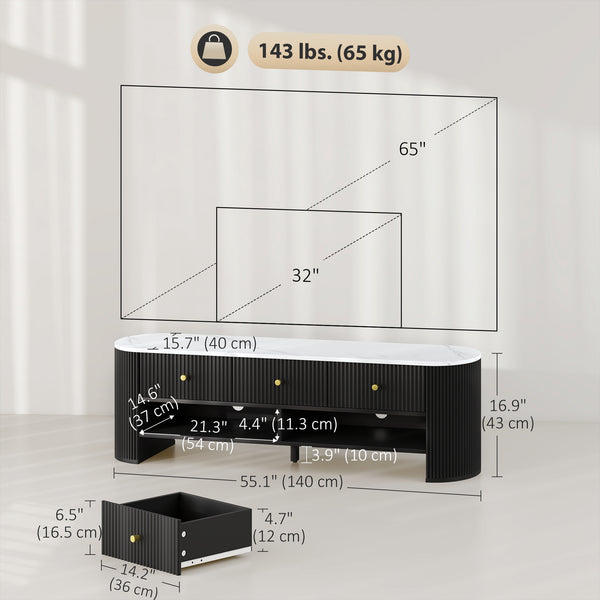 Modern TV cabinet with marble effect top, 3 drawers and 2 open shelves, black