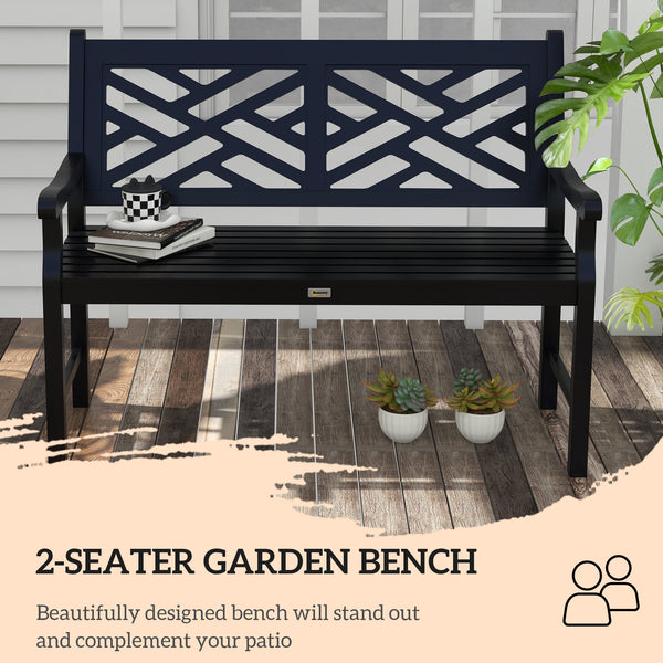 Wooden outdoor bench with slatted frame and armrests, 2 seats, black