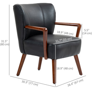 Faux leather upholstered accent chair with wooden legs and wide seat, black