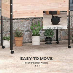 Raised wooden planter with casters, metal legs, drainage holes and planter liner