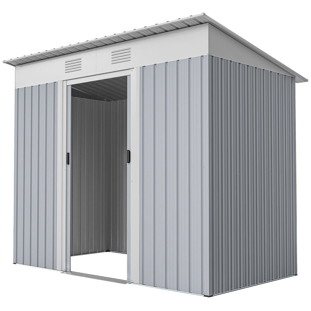 Metal garden shed with lockable sliding doors and ventilation, grey