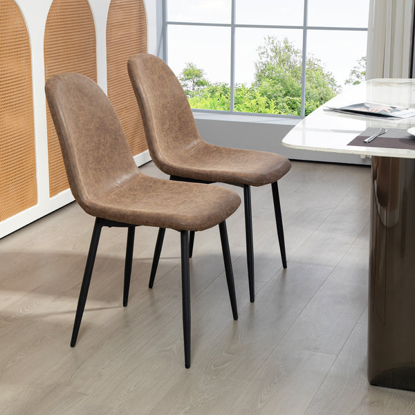 Set of 4 retro upholstered dining chairs in brown faux leather