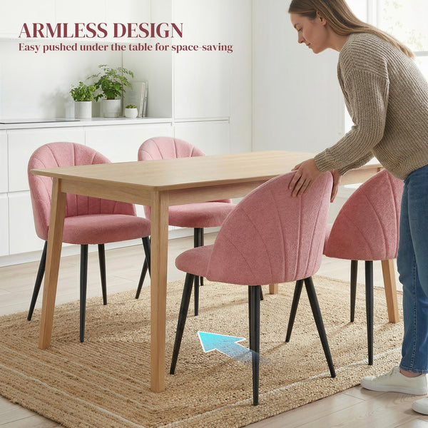Set of 4 Modern Upholstered Dining Chairs with Metal Legs, Shell Back and Padded Seat, Pink.