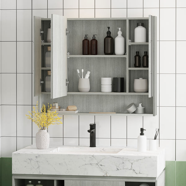 Wall-mounted medicine cabinet with mirror and adjustable shelves, gray
