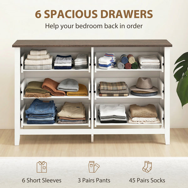 Wide chest of drawers with 6 drawers, storage chest, white