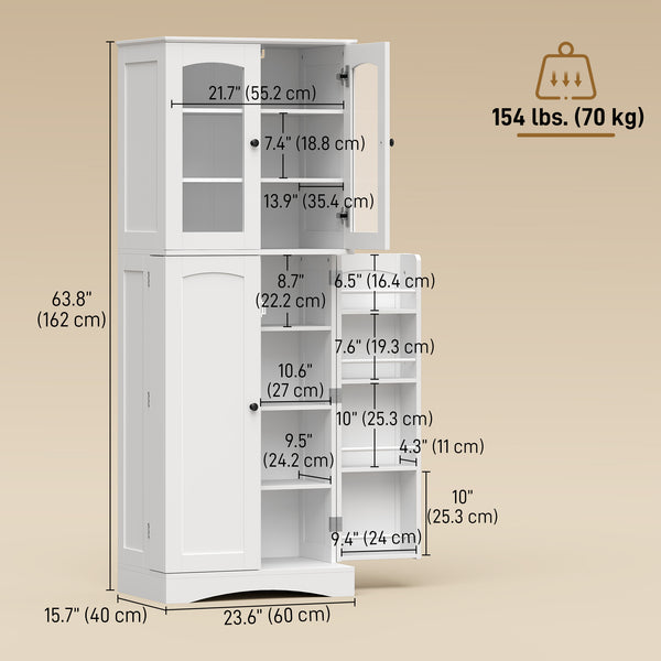 Armoire de cuisine avec portes en acrylique à fermeture amortie, 10 étagères et 8 supports de porte, blanche.