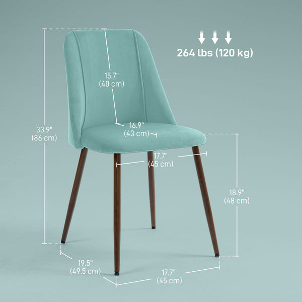 Set of 4 velvet upholstered chairs with steel backrest and legs, light green