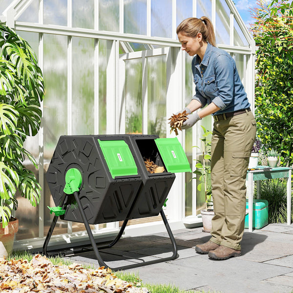 Rotating double-chamber composter with 24 vents and steel legs, green